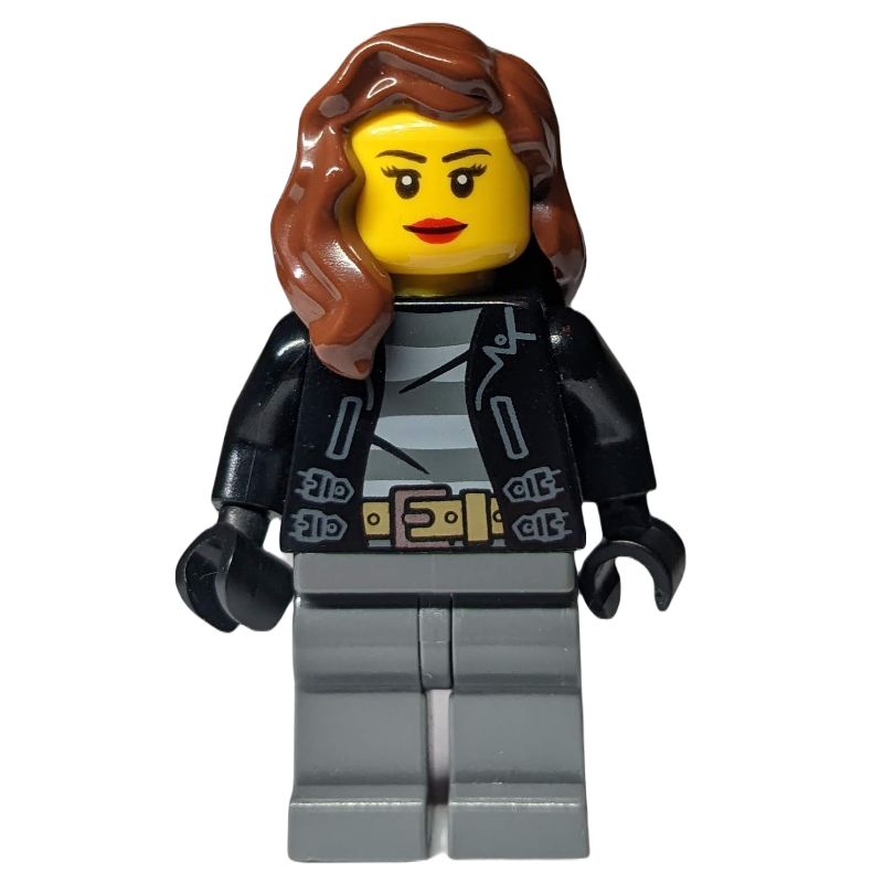 LEGO Criminal, Woman, Open Black Jacket over Prison Shirt, Reddish Brown Hair (fig-007854)