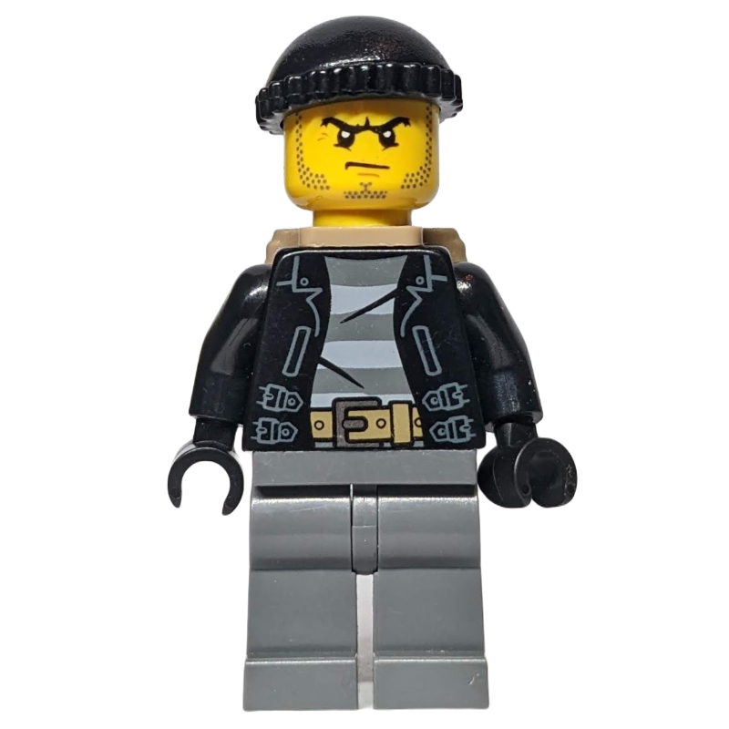 LEGO Criminal, Open Black Jacket over Prison Shirt, Dark Bluish Grey Legs, Black Hat, Dark Tan, Stubble (fig-007855)