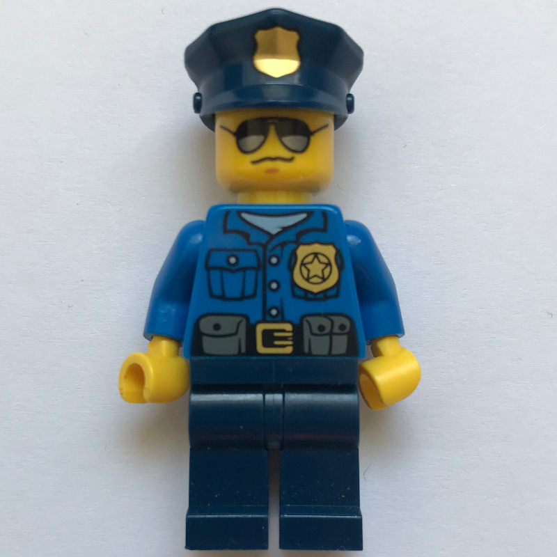 LEGO Policeman, Blue Shirt with Badge and Pouches, Dark Blue Legs, Dark Blue Police Hat with Badge, Sunglasses (fig-007856)