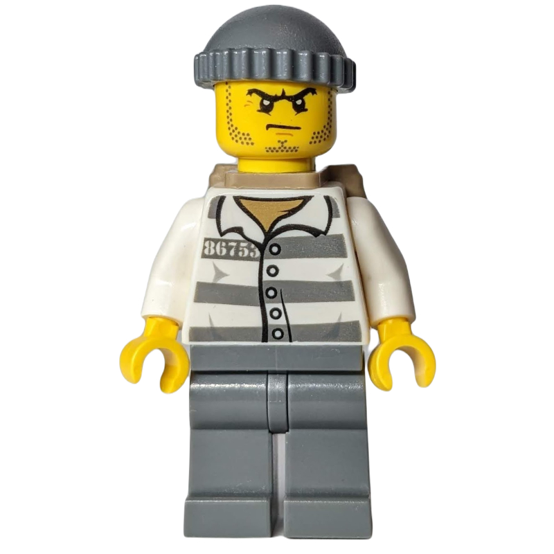LEGO Criminal, Prison Shirt with #86753, Dark Bluish Gray Legs, Dark Bluish Gray Hat, Dark Tan Backpack (fig-007859)
