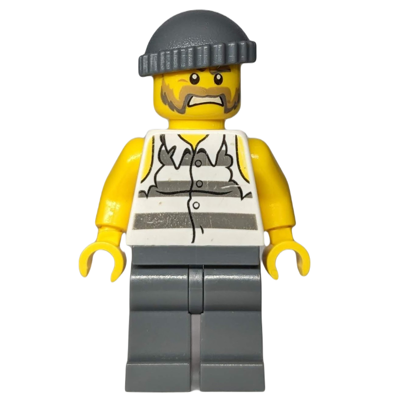 LEGO Criminal, Torn Prison Shirt, Dark Bluish Gray Legs, Dark Bluish Gray Hat, Beard (fig-007860)