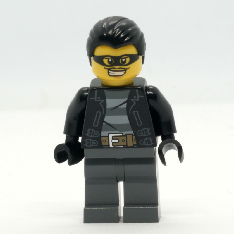 LEGO Criminal, Open Black Jacket over Prison Shirt, Dark Bluish Grey Legs, Black Hair, Black Eyemask (fig-007861)