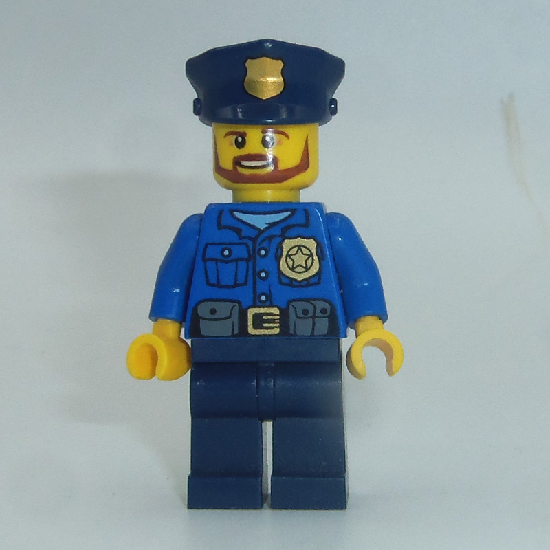 LEGO Policeman, Blue Shirt with Badge and Pouches, Dark Blue Legs, Dark Blue Police Hat with Badge, Beard (fig-007863)