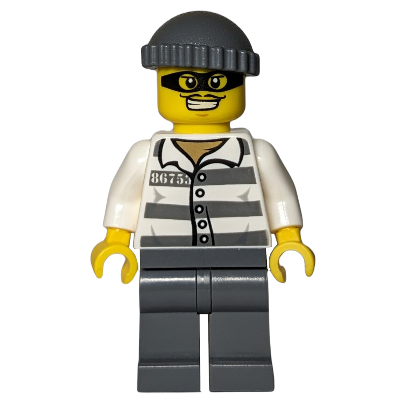 LEGO Criminal, Prison Shirt with #86753, Dark Bluish Gray Legs, Dark Bluish Gray Hat, Black Eyemask (fig-007864)