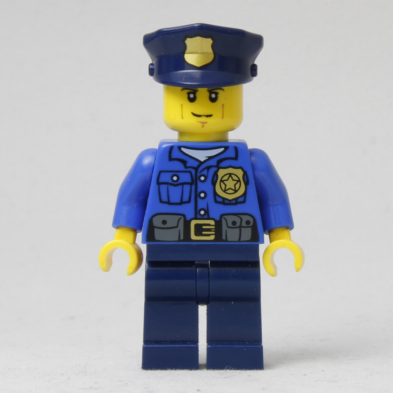 LEGO Policeman, Blue Shirt with Badge and Pouches, Dark Blue Legs, Dark Blue Police Hat with Badge, Cheek Lines (fig-007865)