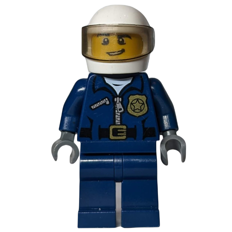 LEGO Policeman, Dark Blue Jacket with Zipper, Badge, and 'POLICE' on Back, White Helmet with Visor, Open Mouth (fig-007867)