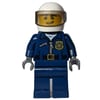 Policeman, Dark Blue Jacket with Zipper, Badge, and 'POLICE' on Back, White Helmet with Visor, Open Mouth
