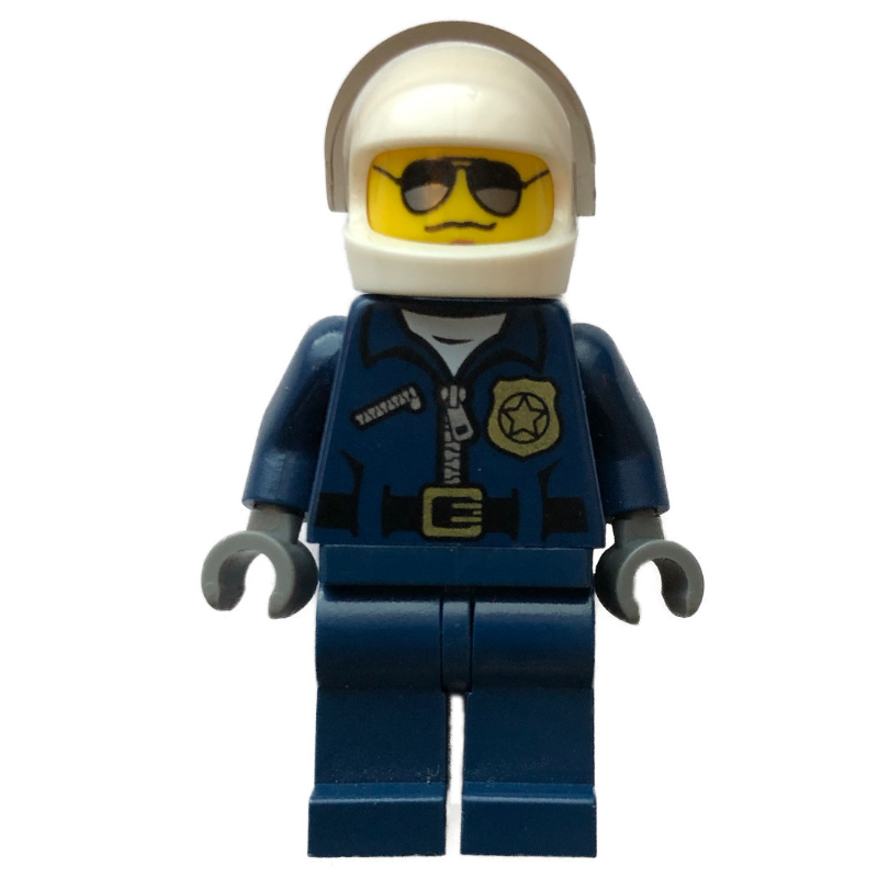 LEGO Policeman, Dark Blue Jacket with Zipper, Badge, and 'POLICE' on Back, White Helmet with Visor, Sunglasses (fig-007868)