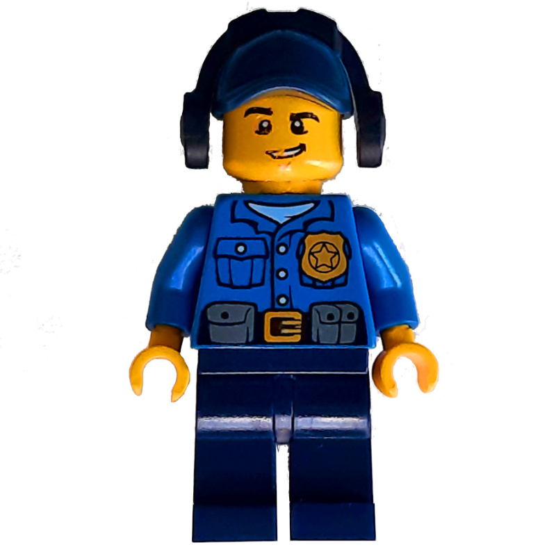 LEGO Policeman, Blue Shirt with Badge and Pouches, Dark Blue Legs, Dark Blue Cap with Ear Defenders (fig-007869)