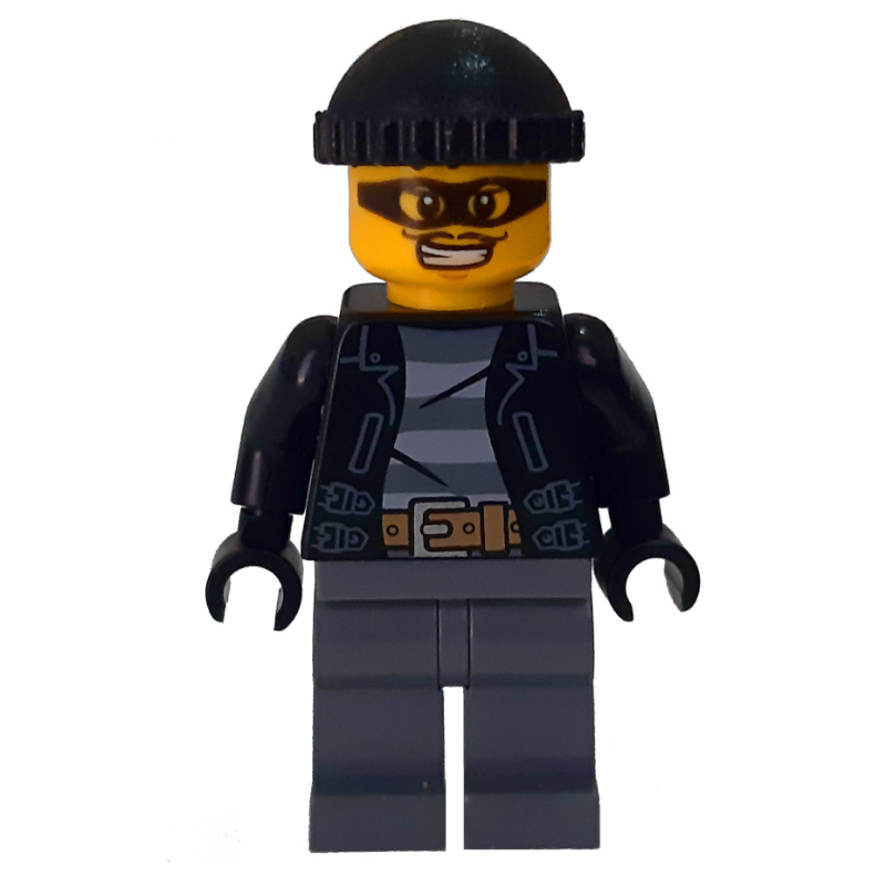 LEGO Criminal, Open Black Jacket over Prison Shirt, Dark Bluish Grey Legs, Black Hat, Black Eyemask (fig-007870)