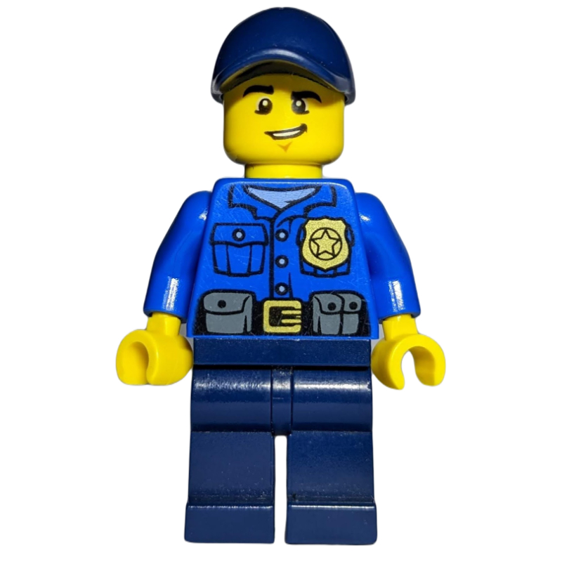 LEGO Policeman, Blue Shirt with Badge and Pouches, Dark Blue Legs, Dark Blue Cap (fig-007871)