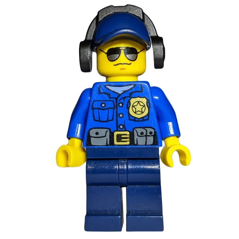 LEGO Policeman, Blue Shirt with Badge and Pouches, Dark Blue Legs, Dark Blue Cap with Ear Defenders, Sunglasses (fig-007872)