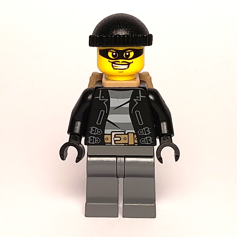 LEGO Criminal, Open Black Jacket over Prison Shirt, Dark Bluish Grey Legs, Black Hat, Dark Tan Backpack, Black Eyemask (fig-007873)