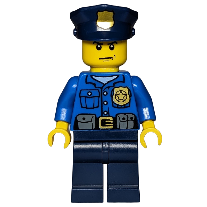 LEGO Policeman, Blue Shirt with Badge and Pouches, Dark Blue Legs, Dark Blue Police Hat with Badge, Stern (fig-007874)