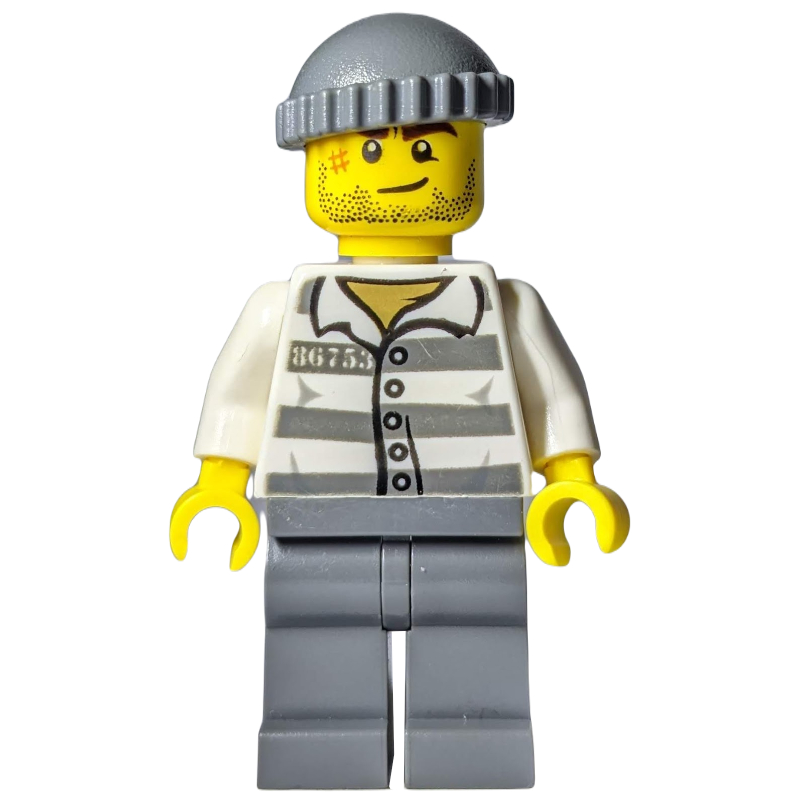 LEGO Criminal, Prison Shirt with #86753, Dark Bluish Gray Legs, Dark Bluish Gray Hat, Stubble and Scar (fig-007875)