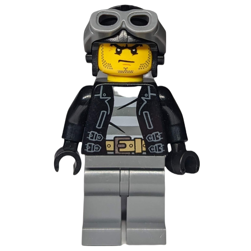 LEGO Criminal, Open Black Jacket over Prison Shirt, Dark Bluish Grey Legs, Black Hat with Goggles (fig-007876)