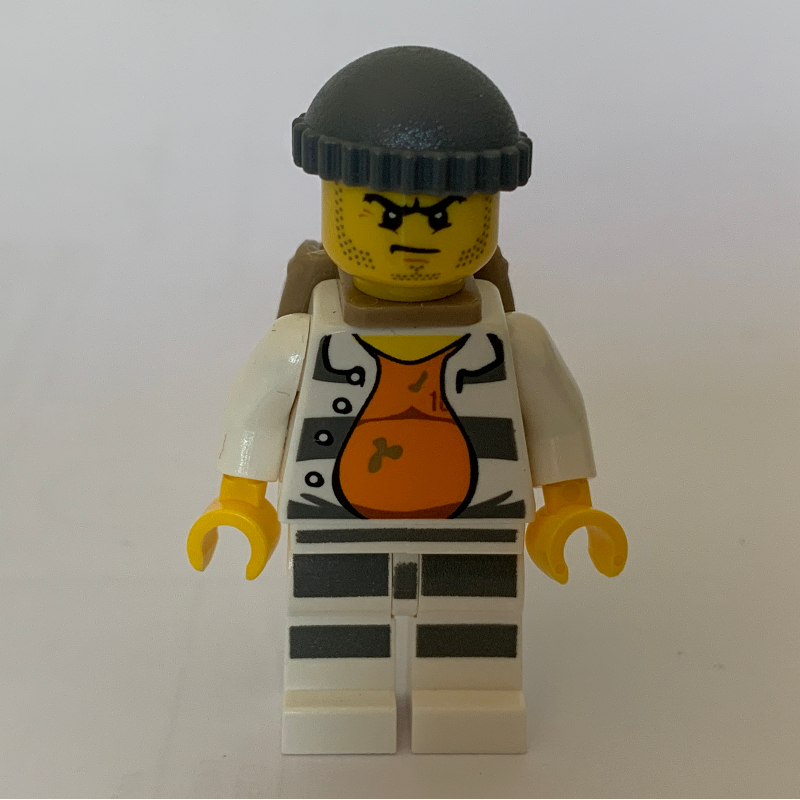 LEGO Criminal, Open Prison Shirt #18675 over Orange Top, Dark Bluish Gray Hat, Dark Tan Backpack, Stubble (fig-007877)
