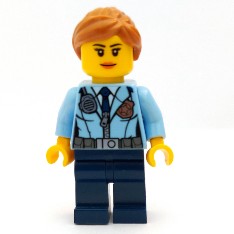 LEGO Policewoman, Bright Light Blue Jacket with Zipper, Radio, Badge, and Tie, Dark Blue Legs, Medium Nougat Hair (fig-007878)