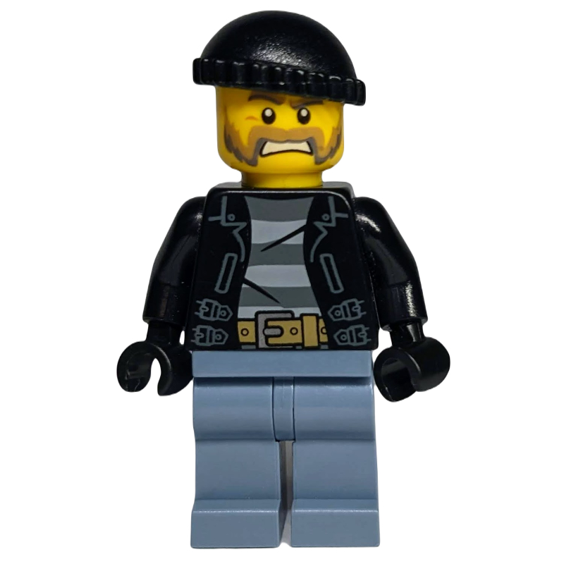 LEGO Criminal, Open Black Jacket over Prison Shirt, Sand Blue Legs, Black Hat, Beard (fig-007879)
