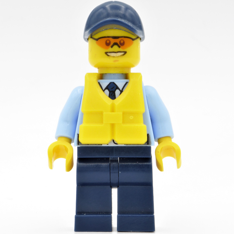 LEGO Policeman, Bright Light Blue Jacket with Zipper, Radio, Badge, and Tie, Dark Blue Legs, Dark Blue Cap, Yellow Life Vest, Orange Sunglasses (fig-007880)