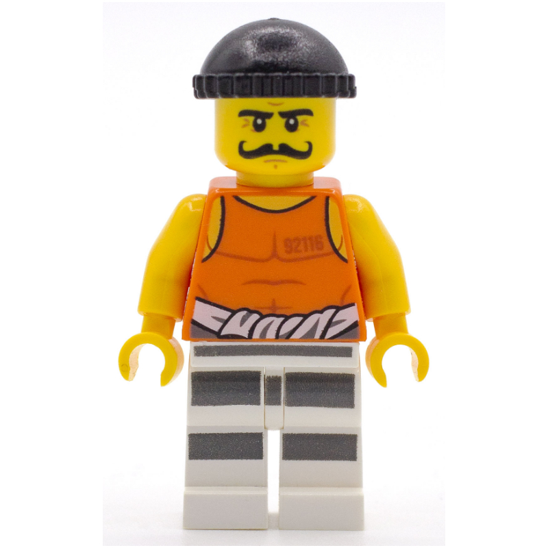 LEGO Criminal Simon Sin, Orange Vest with #92116 and Waist Tied Prison Shirt, Black Hat, Moustache (fig-007881)