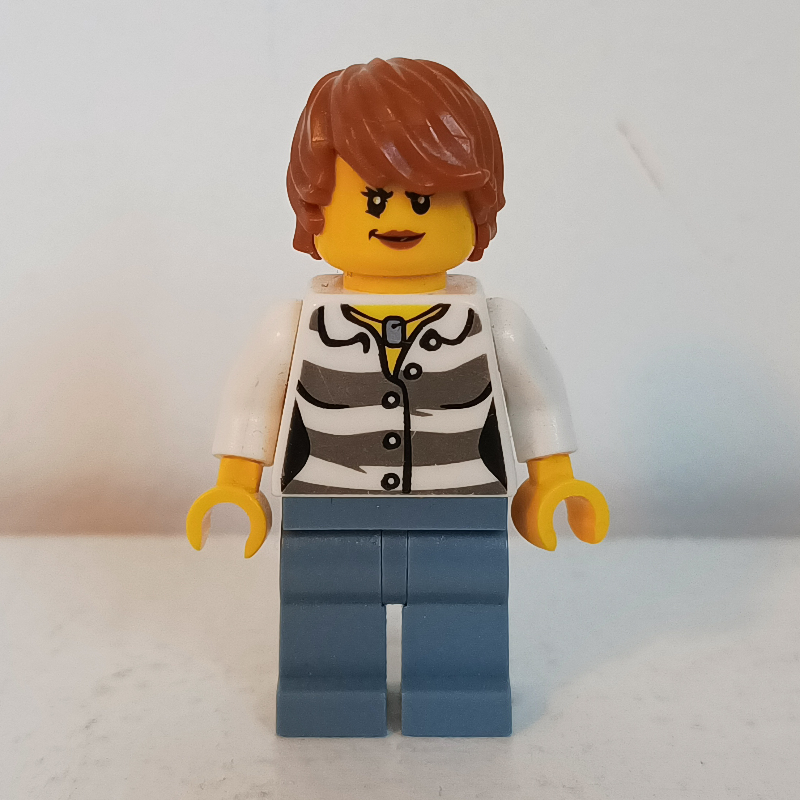 LEGO Criminal, Woman, Prison Shirt, Sand Blue Legs, Dark Orange Hair (fig-007884)