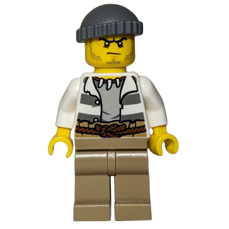 LEGO Criminal, Open Prison Shirt, Dark Tan Legs, Dark Bluish Gray Hat (fig-007885)