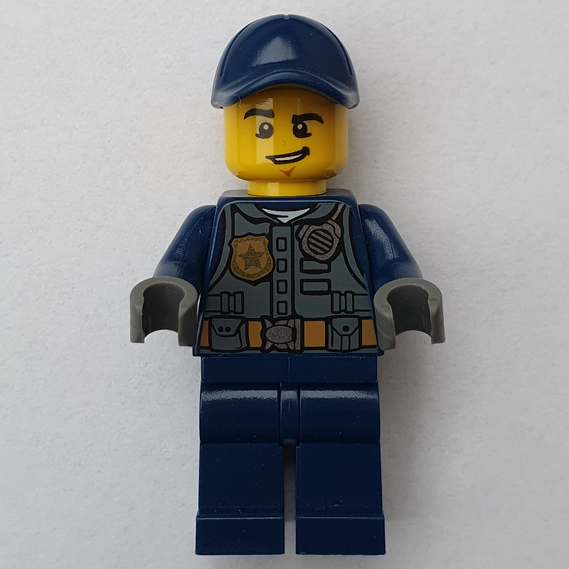 LEGO Policeman, Dark Bluish Gray Vest with Radio, Badge and Pouches over Dark Blue Shirt, Dark Blue Cap (fig-007889)