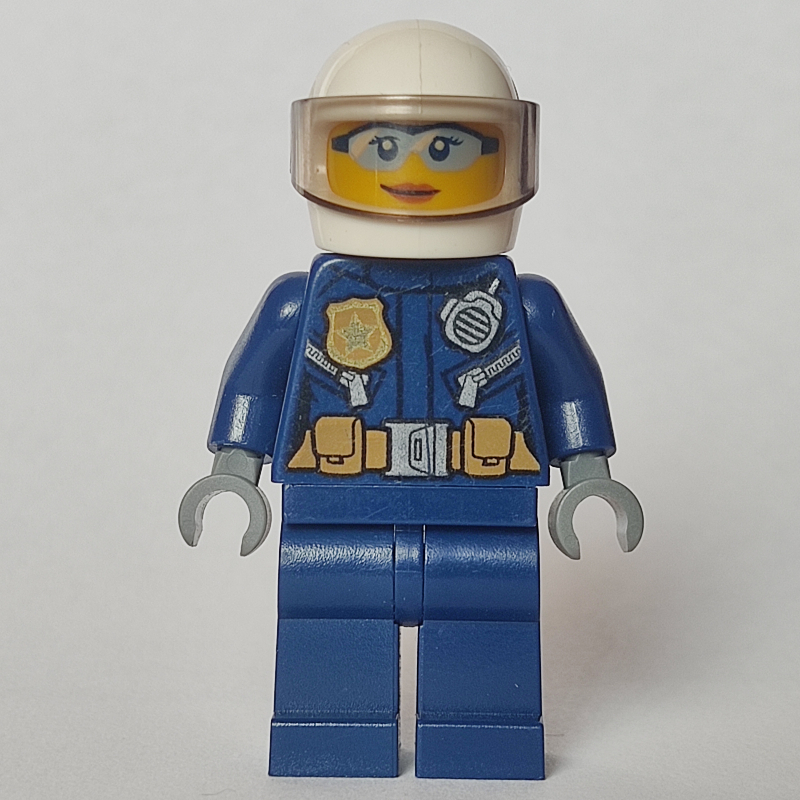 LEGO Policewoman, Dark Blue Jacket with Radio, Badge, and Belt with Pouches, White Helmet with Visor, Light Blue Sunglasses (fig-007890)