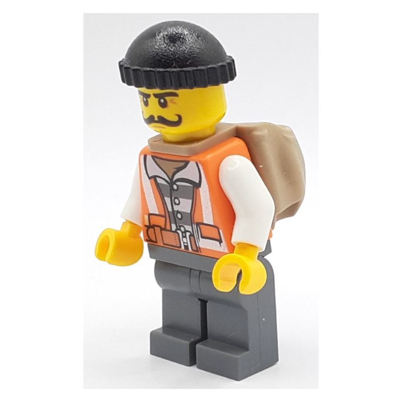 LEGO Criminal, Open Orange Safety Vest Over Prison Shirt, Black Hat, Moustache (fig-007891)