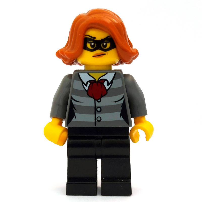 LEGO Criminal, Woman, Prison Shirt with Dark Red Scarf, Dark Orange Hair, Black Eyemask (fig-007892)
