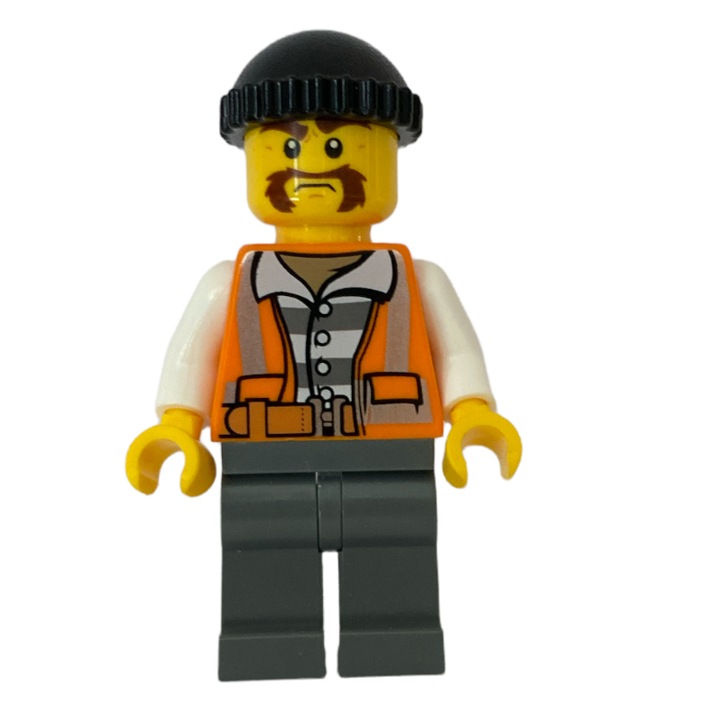 LEGO Criminal, Open Orange Safety Vest Over Prison Shirt, Black Hat, Bushy Moustache (fig-007893)