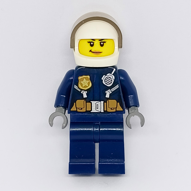 LEGO Policewoman, Dark Blue Jacket with Radio, Badge, and Belt with Pouches, White Helmet with Trans-Brown Visor, Smirk (3626cpr2113 Head) (fig-007894)