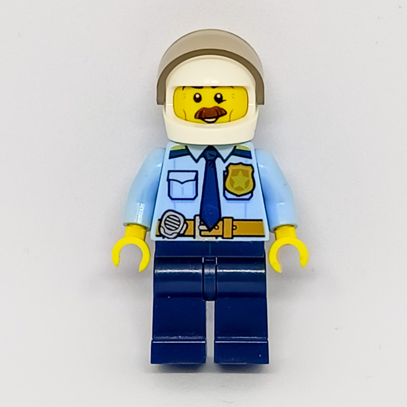 LEGO Bright Light Blue Shirt with Dark Blue Tie, Badge, and Radio on Belt, Dark Blue Legs, White Helmet with Visor, Moustache (fig-007895)