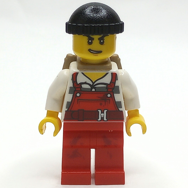 LEGO Criminal Joe Frankfurter, Red Overalls over Prison Shirt, Black Hat, Dark Tan Backpack (fig-007896)