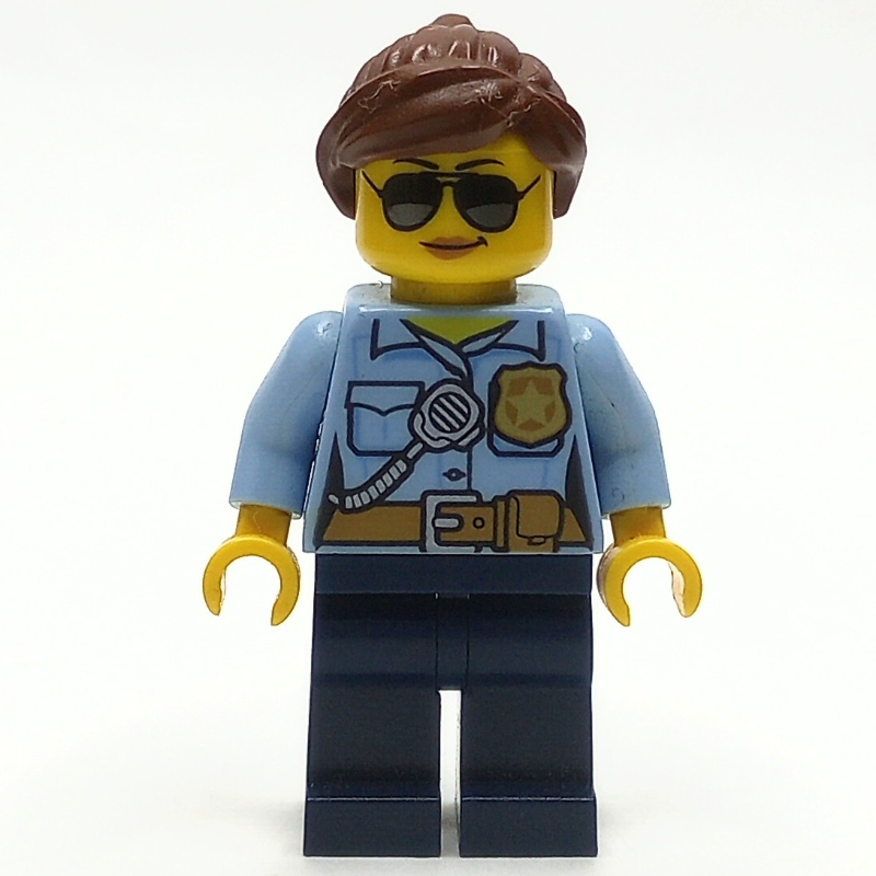 LEGO Policewoman, Bright Light Blue Shirt with Radio and Badge, Dark Blue Legs, Reddish Brown Hair, Sunglasses (fig-007898)