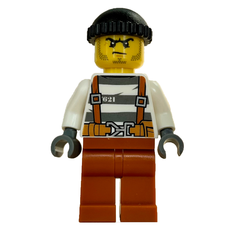 LEGO Criminal Barry Barrel, Prison Shirt with Suspenders and Belt, Black Hat (fig-007899)