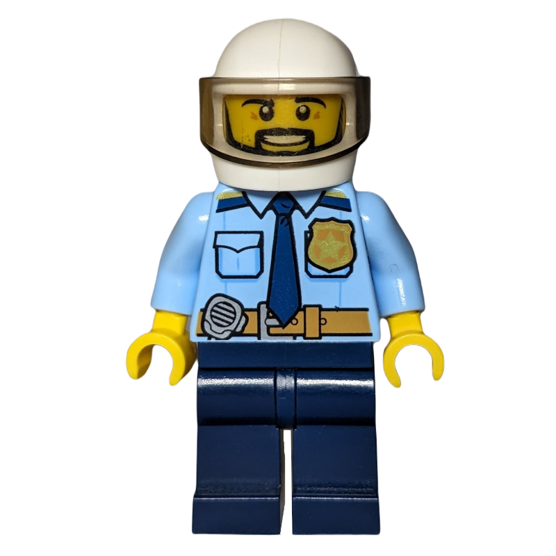 LEGO Policeman, Bright Light Blue Shirt with Dark Blue Tie, Badge, and Radio on Belt, White Helmet with Visor, Beard (fig-007900)