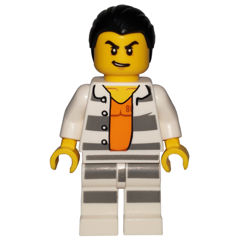 LEGO Criminal Carl Cold, Open Prison Shirt #86737 over Orange Top, Black Hair (fig-007901)