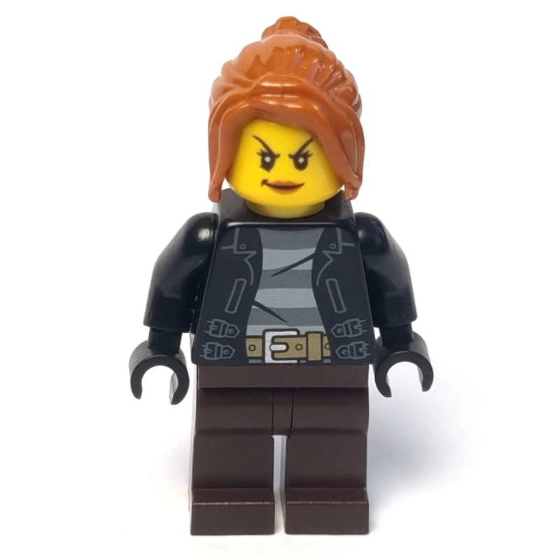 LEGO Criminal, Woman, Open Black Jacket over Prison Shirt, Dark Brown Legs, Dark Orange Hair (fig-007902)