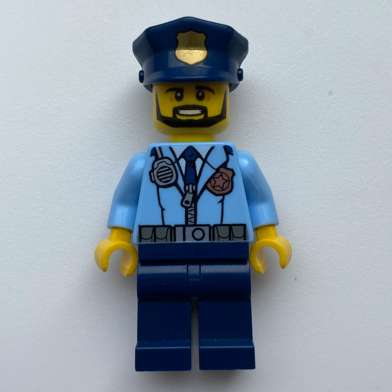 LEGO Policeman, Bright Light Blue Jacket with Zipper, Radio, Badge, and Tie, Dark Blue Legs, Dark Blue Police Hat with Badge, Beard (fig-007903)
