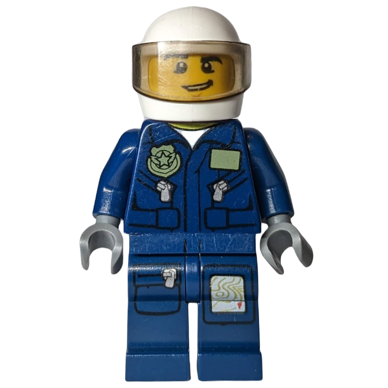 LEGO Policeman, Dark Blue Jacket with Pockets and Badge, White Helmet with Visor, Open Mouth (fig-007904)