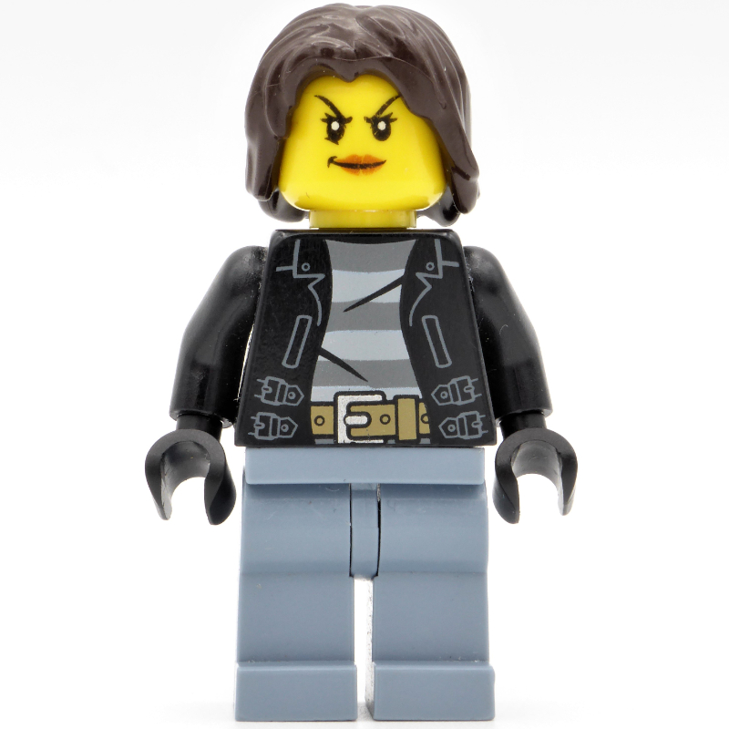 LEGO Criminal Monica Million, Woman, Open Black Jacket over Prison Shirt, Dark Brown Hair (fig-007905)
