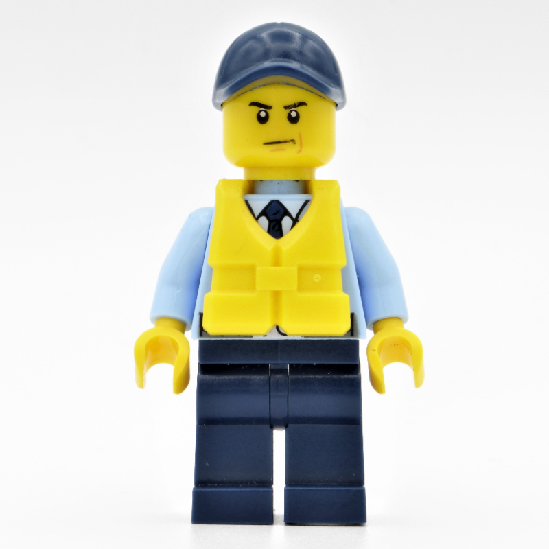 LEGO Policeman, Bright Light Blue Jacket with Zipper, Radio, Badge, and Tie, Dark Blue Legs, Dark Blue Cap, Yellow Life Vest (fig-007906)