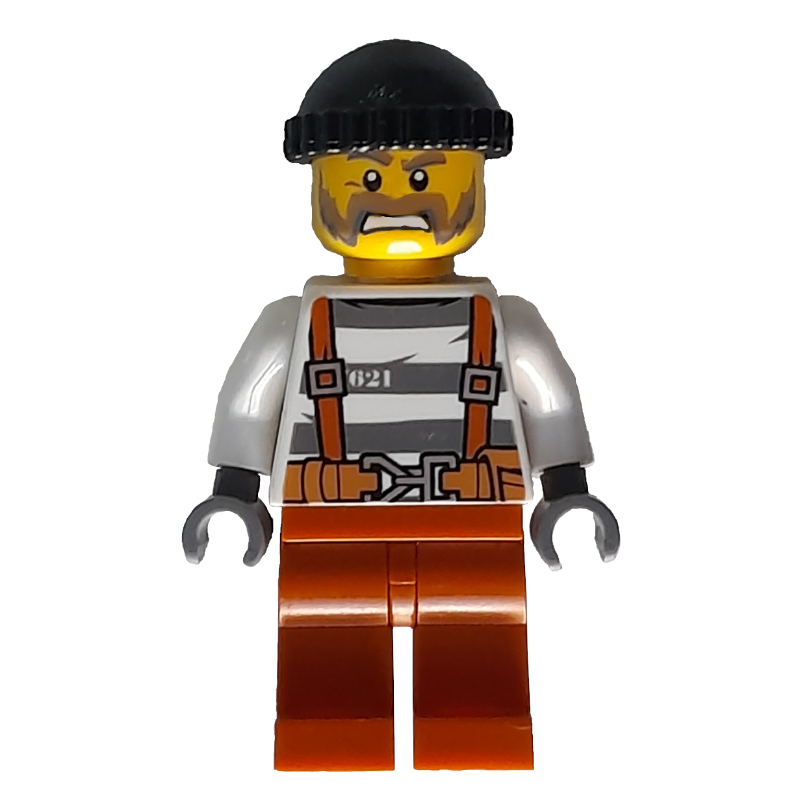 LEGO Criminal, Prison Shirt with Suspenders and Belt, Black Hat, Beard (fig-007908)