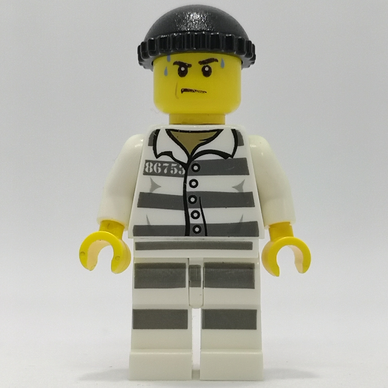 LEGO Criminal, Prison Shirt with #86753, Prison Striped Legs, Black Hat (fig-007909)