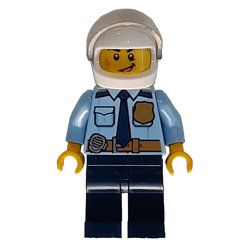 LEGO Policeman, Bright Light Blue Shirt with Dark Blue Tie, Badge, and Radio on Belt, White Helmet with Visor, Scar (fig-007910)