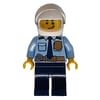 Policeman, Bright Light Blue Shirt with Dark Blue Tie, Badge, and Radio on Belt, White Helmet with Visor, Scar