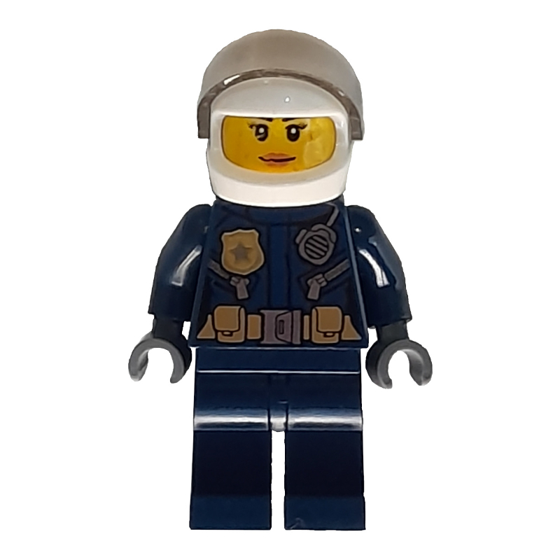 LEGO Policewoman, Dark Blue Jacket with Radio, Badge, and Belt with Pouches, White Helmet with Trans-Brown Visor (fig-007911)