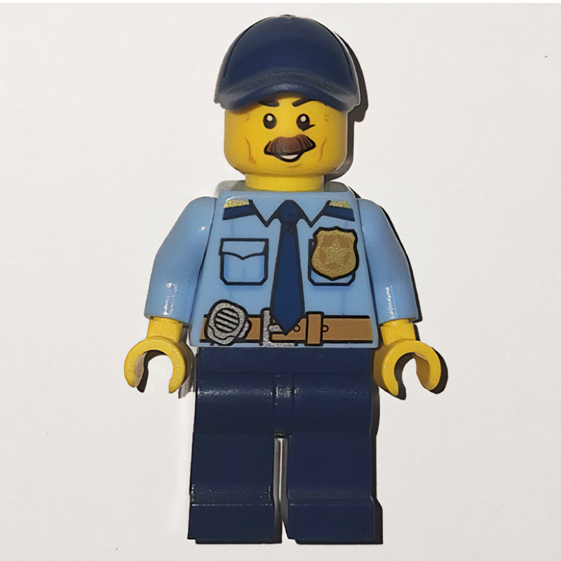 LEGO Policeman, Bright Light Blue Shirt with Dark Blue Tie, Badge, and Radio on Belt, Dark Blue Cap, Moustache (fig-007913)